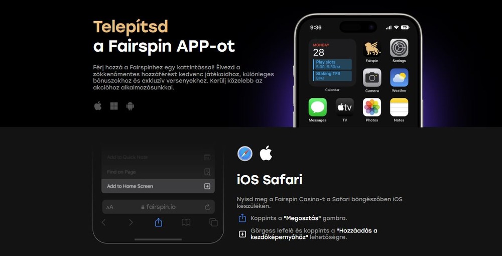 Egy banner a Fairspin iOS mobil verziojaval kapcsolatos informaciokkal